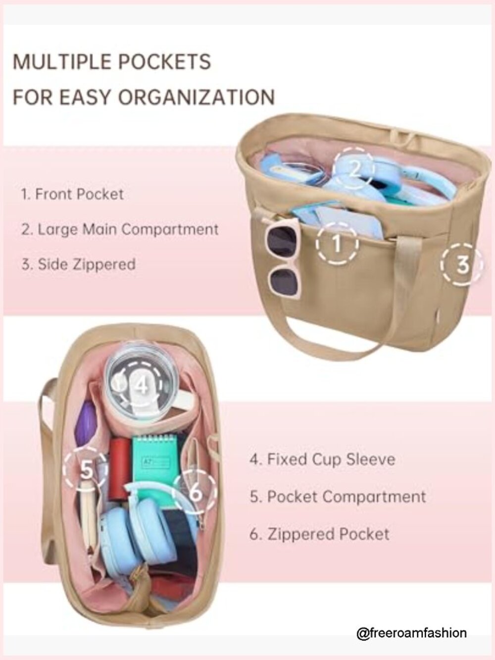 Large Foldable Tote Bag with Tumbler Holder for Work Travel School - Picture 6 of 7